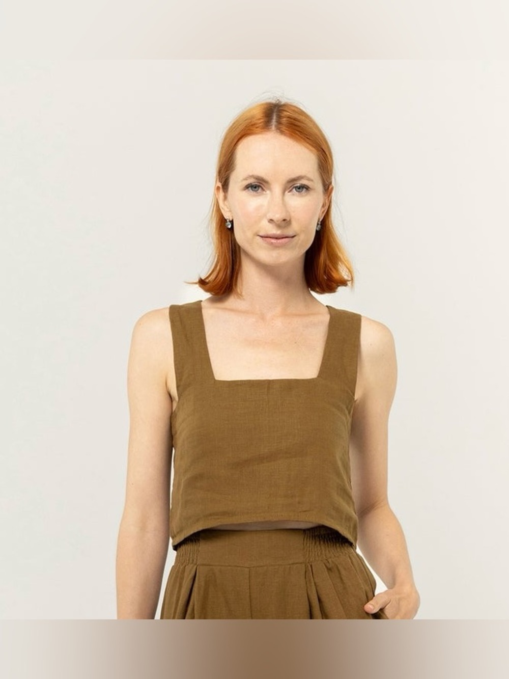 bel kazan Top Larkin Button Back Crop Linen Cumin SZ. Med - Picture 14 of 15